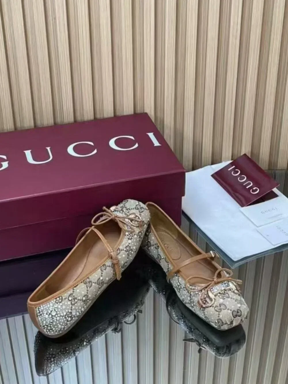Gucci Monogram Canvas Rhinestone Horsebit Bow Mary‑Jane Flats